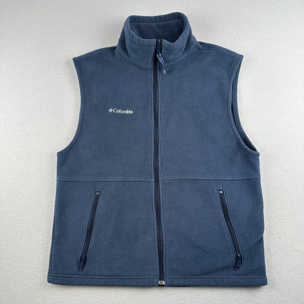 Columbia Fleece Vest Mens M Blue Full Zip Mock Neck Pockets WM1480